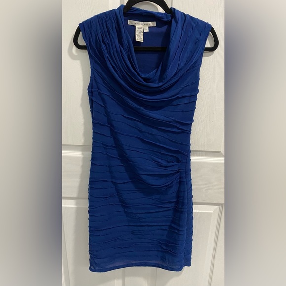 Max Studio Drape Neck Sleeveless Royal Blue Bodycon Dress. Size S. Ruched Side. - Picture 1 of 4